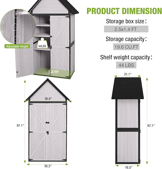 GUTINNEEN Shed Outdoor Storage Upgraded with Durable Metal Frame Garden Shed Tool Storage Cabinet with Wooden Floor Adjustable Shelfs 2.5 x 1.4FT (Off-White)