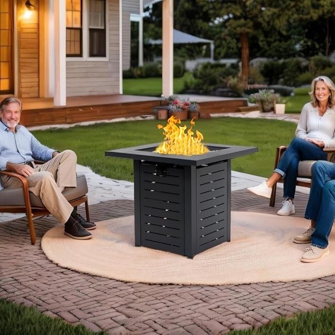 28'' Propane Fire Pit Table, 50,000 BTU Fire Table with Steel Lid, Big Legs, Laval Rocks. 1172