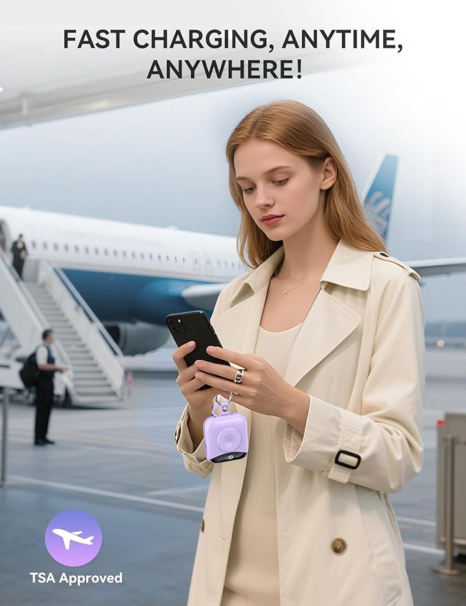 Portable Charger, 10000mAh 22.5W Fast Charging Power Bank with Built-in Cables, Travel Essential Battery Pack with LED Display, Keychain Battery Phone Charger for iPhone, iWatch 10/9/8/7/6/SE/5 Purple