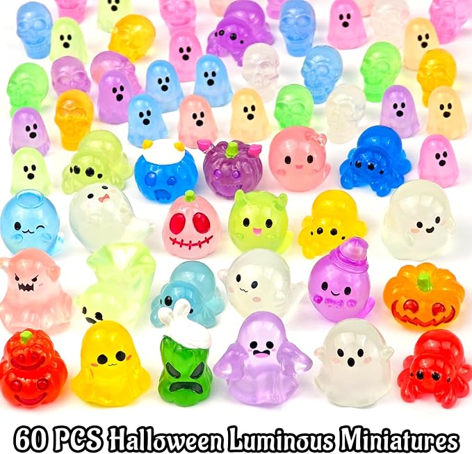 60 Pcs Halloween Luminous Mini Resin Figures Glow in The Dark Tiny Little Resin Pumpkin Ghost Spider Skull Miniature Figurines for Crafts Micro Landscape Fairy Garden Party Decor