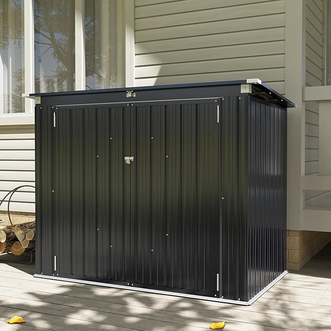 80 Cu. Ft Outdoor Trash Can Shed with Pneumatic Support Rod, 5x3 Ft Outdoor Storage Shed w/Lockable Doors & Waterproof Lid Chain, for Patio/Garden/Backyard