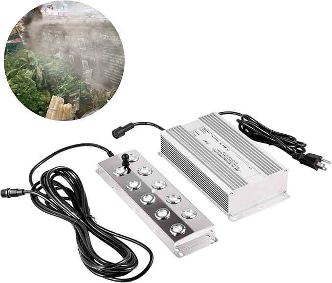 Vevor Happybuy Maker 10 Head Waterproof Power Supply Stainless Steel Mister Fogger 5kg/h Ultrasonic Mist Humidifier for Gardening and Pond, 10H, Silver