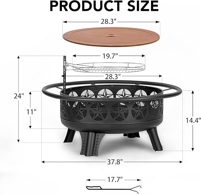 38” Wood Burning Fire Pits for Outside,3-in-1 Fire Pit with Grill, Spark Screen & Fire Poker,Outdoor Firepit Table with Swivel Cooking Grate for Yard BBQ Bonfire Patio Camping (38 inch)