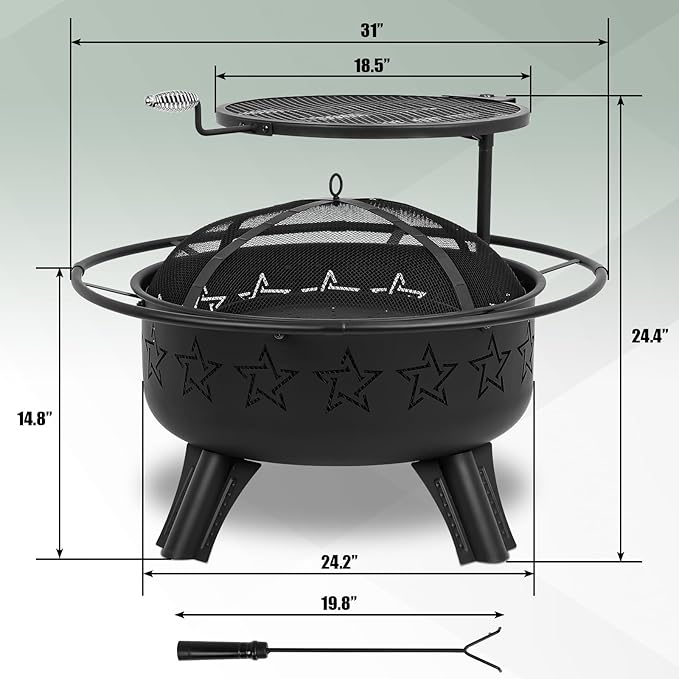 31" 2-in-1 Wood Burning Fire Pit with Swivel BBQ Grills & Spark Screen for Outside - Heavy Duty Outdoor Firepit with Charcoal Pan, Log Rack & Poker - for Backyard, Patio, Garden Bonfire