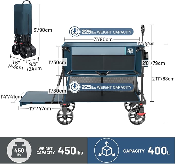 TIMBER RIDGE 400L Large Capacity Folding Double Decker Wagon with Brakes, 54" Extra Long Extender Wagon Cart, 450lbs Heavy Duty Collapsible Cart, All-Terrain Big Wheels for Camping, Sports, Shopping