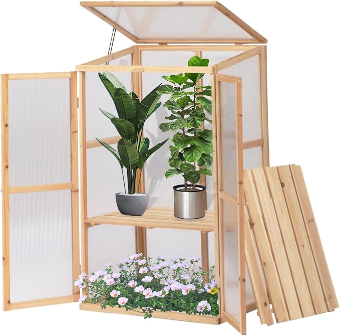 BIGTREE Wooden Green House Mini Greenhouse Indoor/Outdoor Nursery Vented Cold Frame Portable Garden Planter Raised Plants Top Opening Door (27"X19"X47")