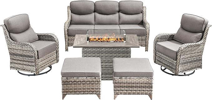 Luxury High Back Outdoor Furniture 6-Inch Thick Cushions with 50,000 BTU Gas Propane Fire Pit Tablet, Patio Furniture Set with Swivel Chairs, 6 PCS for Porch, Balcony, Deck and Yard
