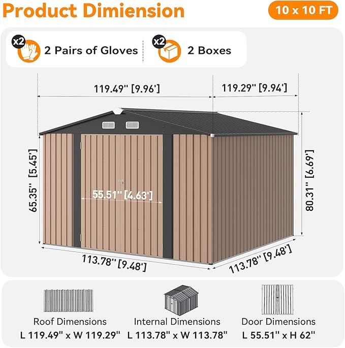 10x10 FT Metal Outdoor Storage Shed, Dual Doors with Lockable Bolts, Large Garden Shed for Yard Tools, Bike, Generator, Waterproof Galvanized Steel Panel with Vent & Sloping Roof (Brown)