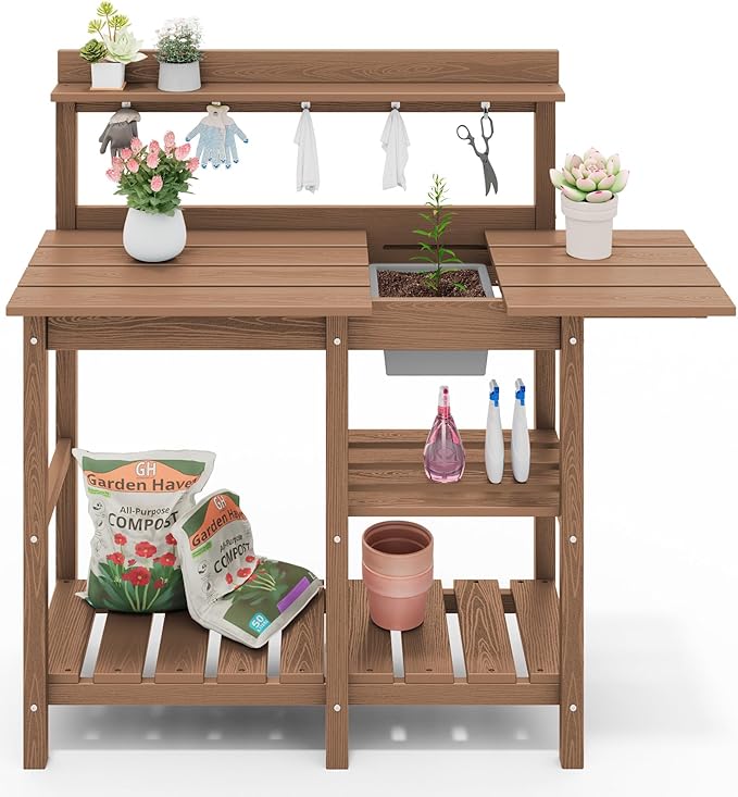 SERWALL Potting Bench Set of 2 Outdoor Potting Table with Sink, HDPE Potting Benches for Outside Gardening Table All Weather Use- Brown