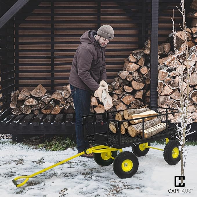 CAPHAUS Metal Black Garden Cart, w/ 180° Adjustable Yellow Handle, w/Mat and Strap, Heavy Duty 880 lbs Capacity, w/ 10” Flat-Free Tires, Sides Removable, Utility Wagon, Lawn Cart, for Garden, Yard