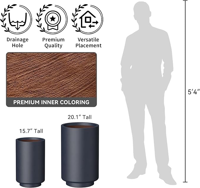 Kante 20.1 Inch Tall Concrete Planter, Round Pedestal Design Garden Pot for Indoor Outdoor Plants, Modern Garden Pot with Drainage Hole, Charcoal Finish with Warm Brown Interior