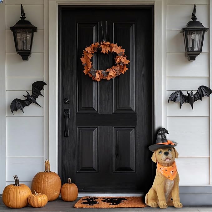 Halloween Decorations Indoor Dog Statue - Halloween Decor Figurine for Outdoor Indoor Mysterious Gothic Tabletop Puppy Sculpture Witch hat, Spooky Gifts Ghost Garden Decorations Rottweiler 5x7x13INCH