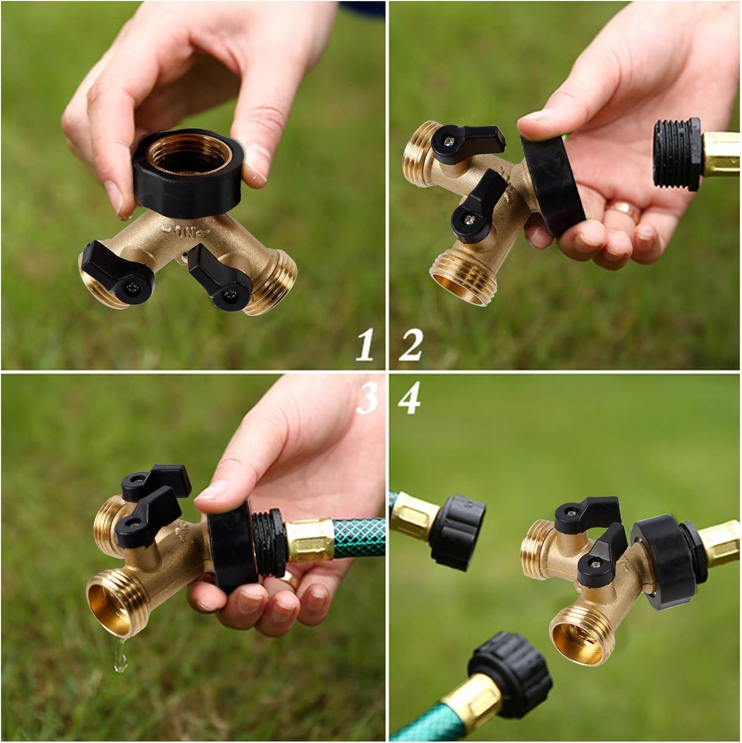 Biswing Garden Hose Splitter 2 Way, Heavy Duty Brass Connector Tap Splitter, Y Splitter 2 Valves with 2 Extra Rubber Washers