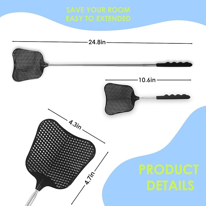 Wapodeai 2 Pack Fly Swatters Heavy Duty Set, Telescopic Fly Swatter, Stainless Steel Handle for Flyswatter (Black)