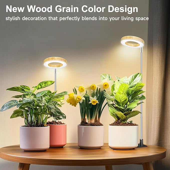 Grow Light, 48 LEDs Full Spectrum Plant Lights for Indoor Growing, Height Adjustable Faux Wood Grain Plant Grow Light with Base, 3 Optional Spectrums, Auto Timer 6/12/16Hrs, 5 Brightness