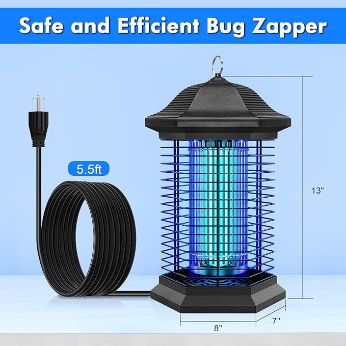 Bug Zapper Outdoor Indoor, Electric Mosquito Zapper with 18W Power & 4400V High-Voltage, Coverage of 1/2 Acre, 5ft Power Cord, 3 Prong Plug, Waterproof Fly Trap for Patio, Backyard, Garden