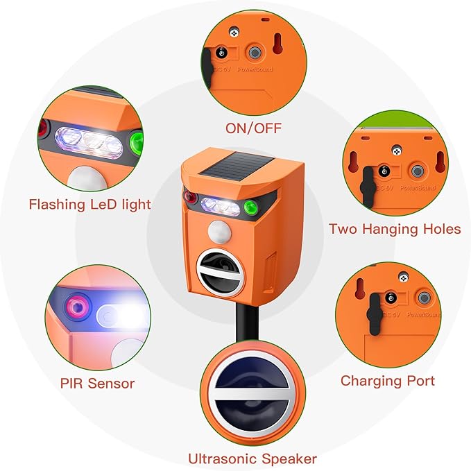 Ultrasonic Animal Repeller Solar Powered Outdoor, 360° Ultrasonic Cat Repeller with LED Flashing Light, Waterproof Deer Repellent Devices for Repelling Sankes, Raccoons, Cats, Dogs, Rabbits