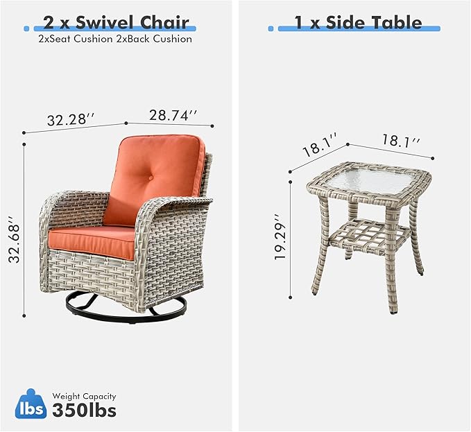 Outdoor Swivel Rocker Patio Chairs with Side Table,Wicker Swivel Rocking Chair Set of 2,3PCS High Back Wicker Patio Furniture Set Glider Chairs for Porch, Balcony, Deck,Yard,Red