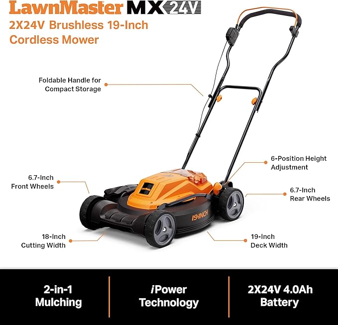 LawnMaster CLMF4819X 19-inch Brushless Cordless Mower with 2X24V MAX* 4.0Ah Battery and a Dual Charger 6 Cutting Position