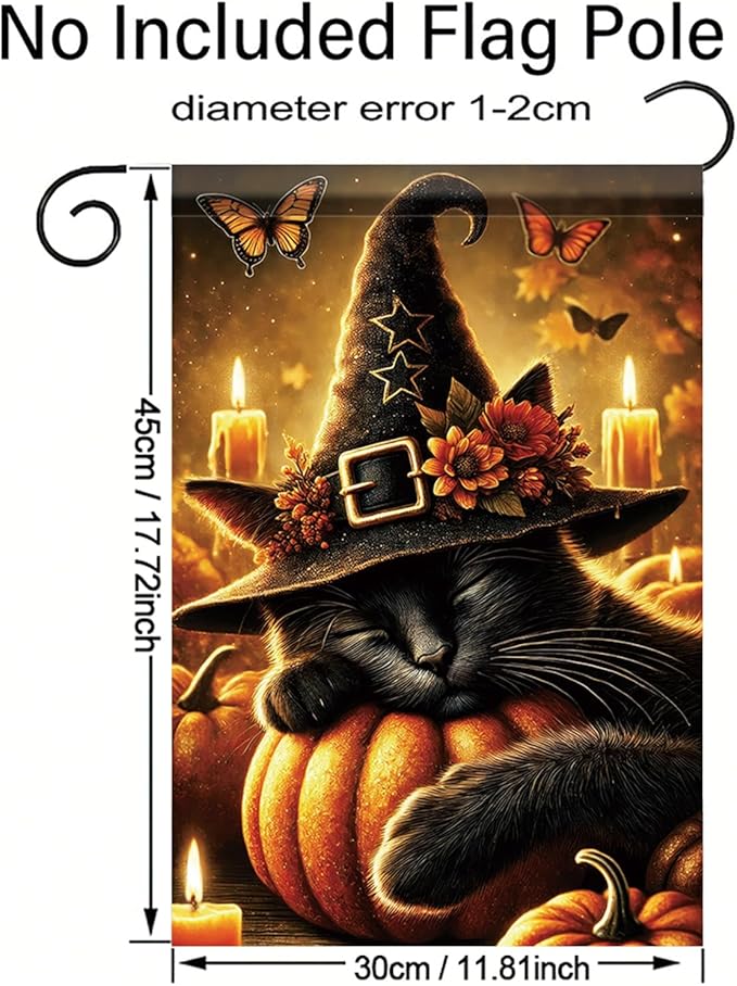 Halloween Fall Garden Flag Black Cat with Witch Hat Pumpkin Flag 12x18 Inch Double-Sided Autumn Candle Butterfly Yard Banner Outdoor Decor for Porch Lawn Pathway Cat Lover Gift