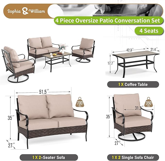 Sophia & William Metal Patio Furniture Set, 4 Seats Outdoor Conversation Set with Loveseat Sofa, 2 Swivel Chairs, 1 Coffee Table for Seating Lawn Porch Backyard, Beige