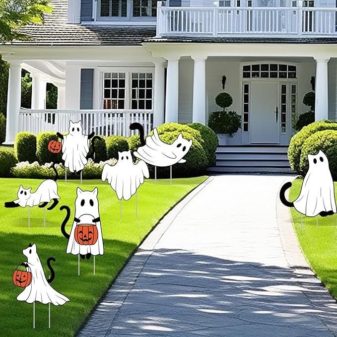 Nuanchu 7 Pcs Halloween Yard Outdoor Decorations Ghost Cat Yard Signs Corrugated Plastic Ghost Cat Pumpkin Lawn Sign with Stakes Waterproof Halloween Garden Stakes for Outside Scary Spooky Decor