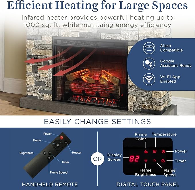 Country Living - Dixson Fireplace Mantel Package, 28β Fireplace Insert, Stone Brick Mantel Surround, Alexa/WiFi Enabled, 1500W