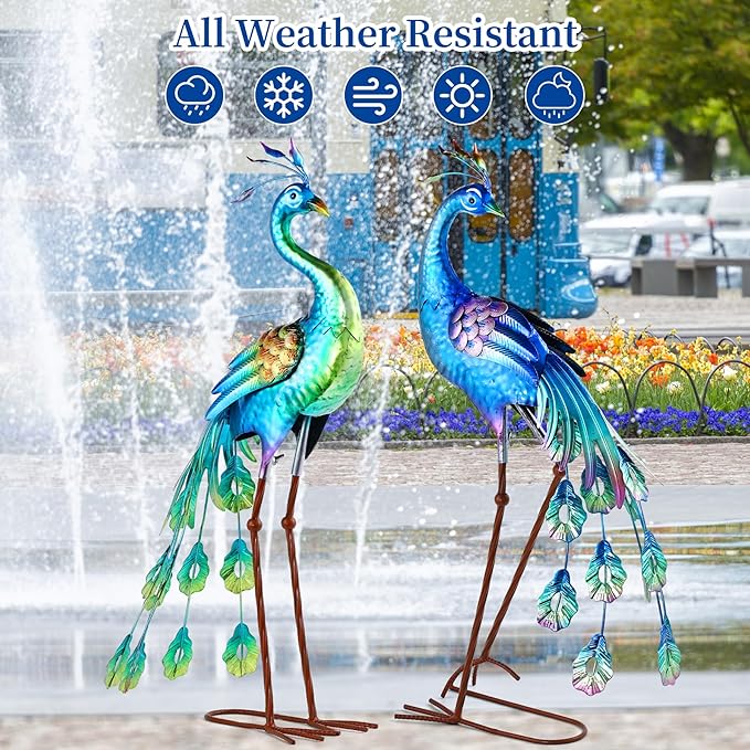 chisheen Metal Peacock Statue Garden Decor Yard Art Decoration Outdoor Sculpture,Set of 2,Housewarming Birthday for Women Mom