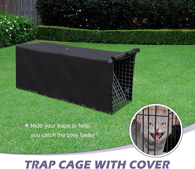 Live Feral Cat Trap Cage with Cover, Heavy Duty Folding Animal Traps Cage for Stray Cats, Humane Cat Trap for Raccoon, Squirrel, Skunk, Catch and Release - (32 x 10 x 12 inches)