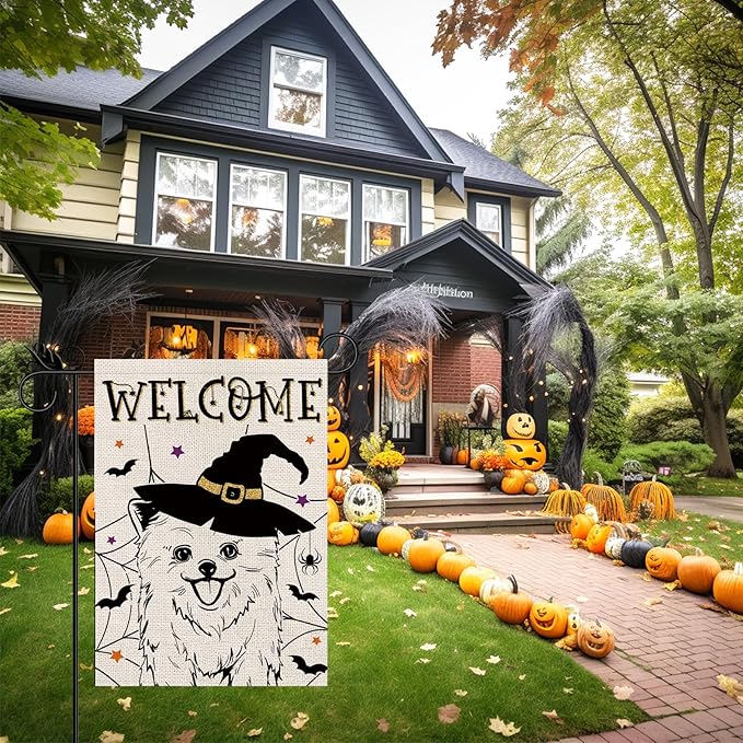 Halloween Garden Flag Pomeranian Cobweb Bats Double Sided Vertical Welcome Flag Seasonal Holiday Outdoor Yard Lawn Party Decorations 12.5 x 18 Inch