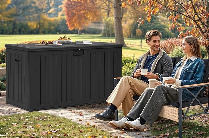 YITAHOME 200 Gallon Double-Wall Deck Box with Divider & Side Handles, Outdoor Large Storage for Patio Furniture Cushions, Garden Pool Accessories, Water Resistant & Lockable(Black)