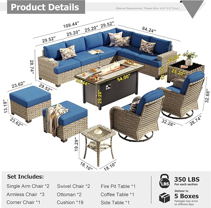 HOOOWOOO Outdoor Sectional Patio Furniture Set with Fire Pit Table,13 Pieces Wicker Conversation Sets L Shaped Couch,Extra Deep Out Door Sofa Outside Furniture with Swivel Chairs Ottomans,Navy Blue