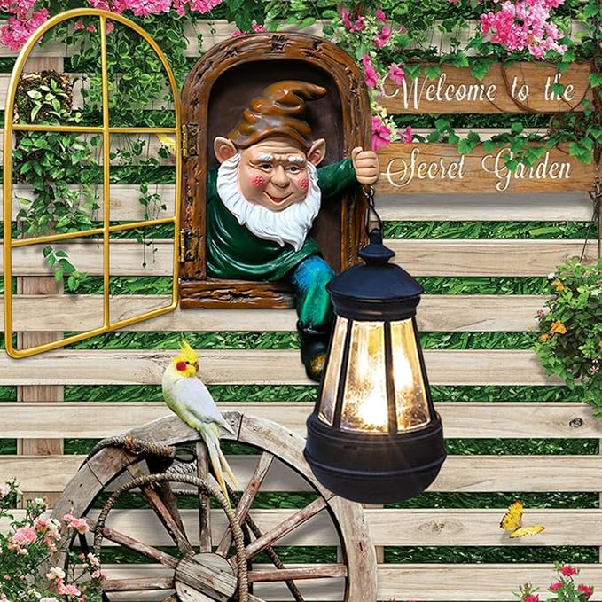 Fairy Garden Garden Gnomes with Solar Lantern Lights - Whimsical Elf Out The Window Yard Decorations Outdoor Tree Hugger Statues, Tree Face Sculpture, Ideal Gnomes Gifts for Patio, Fence, Wall