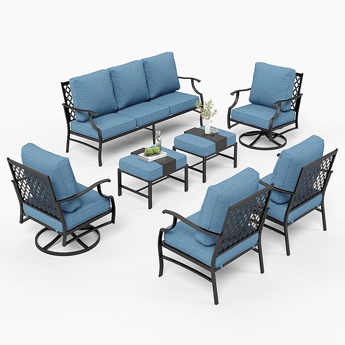 Patio Furniture Set 7 pcs, Outdoor Patio Furniture, 3-Seat Sofa, 2 Single Chairs, 2 Swivel Chairs, 2 Ottomans and 5.75" Extra Thick Cushion, Conversation Set for Deck,Navy Blue