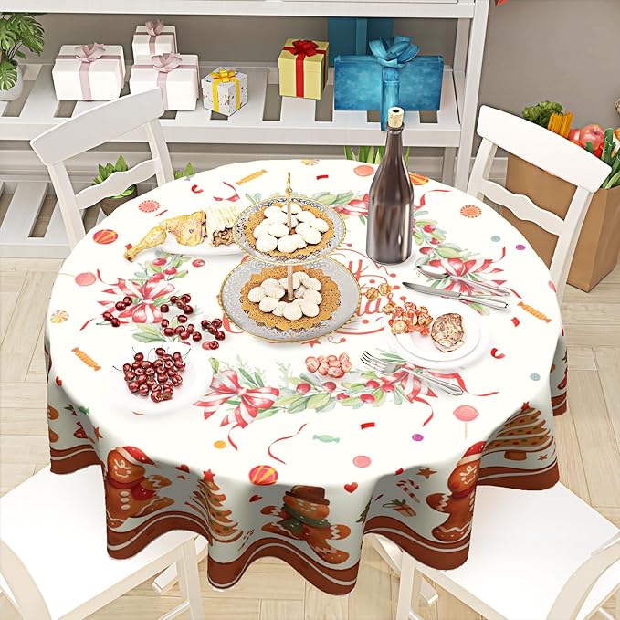 Merry Christmas Tablecloth Round 60 Inch,Traditional Xmas Gingerbread Man Cookie Reusable Washable Circular Table Cover for Holiday Home Kitchen Party Wedding Picnic