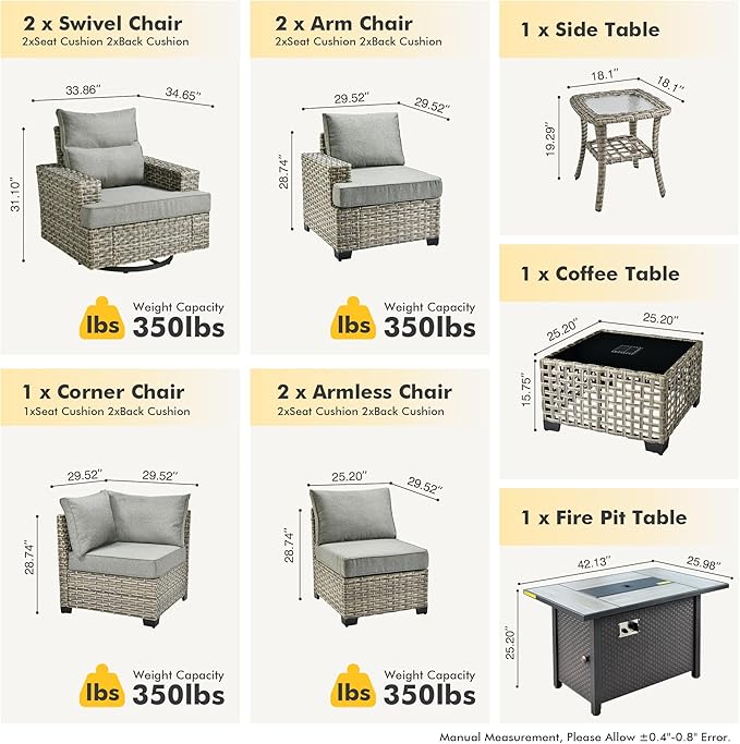 HOOOWOOO Outdoor Sectional Patio Furniture Set with Fire Pit Table,10 Pieces Wicker Conversation Sets L Shaped Couch,Extra Deep Out Door Sofa Outside Furniture with Swivel Chairs,Charcoal Gray