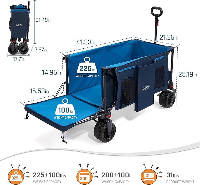 53.5" Extra Long Collapsible Wagon with Tailgate, 325lbs Heavy Duty Utility Folding Cart with All-Terrain 8"x 4.25" Big Wheels and Brakes, Foldable Beach Wagon for Garden Sports Camping Shopping