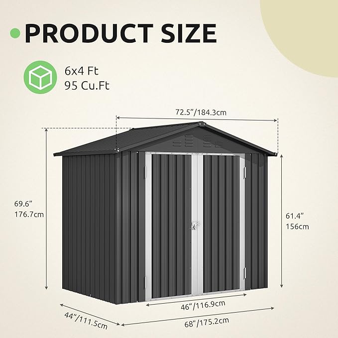 DWVO 6x4ft Outdoor Storage Shed, Weatherproof Tool Shed w/Locking Entry & Ventilation for Grass Cutter, Bike, Equipment, Courtyard, Garden (Dark Gray)
