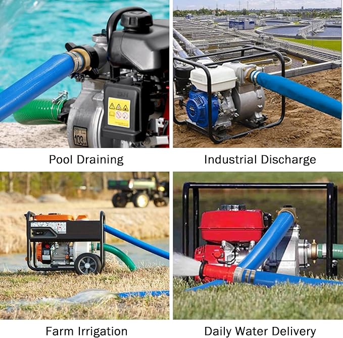 DAVCO 2" ID x 100 ft Pool Backwash Hose, Heavy Duty Reinforced Blue PVC Lay Flat Water Discharge Pump Hoses For Swimming Drain Pools and Clean Filters, with Brass NPT Pin Lug and KC Nipple Fittings