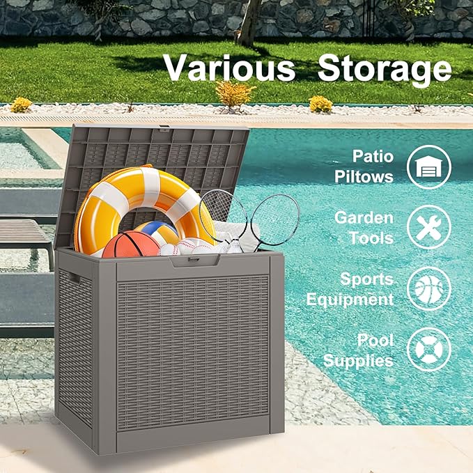 NUNU LAB 32 Gallon Resin Deck Box,Outdoor Indoor Waterproof Storage Box for Patio Cushions, Garden Tools, Pool Accessories,Backyard Storage Bin,Grey