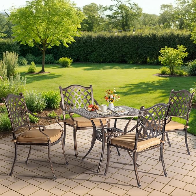 Outvita Patio Side Table, 35.4in Outdoor Square Cast Aluminum Bistro Table with Umbrella Hole and Antique Design for Backyard Porch Pool Balcony Deck Bronze