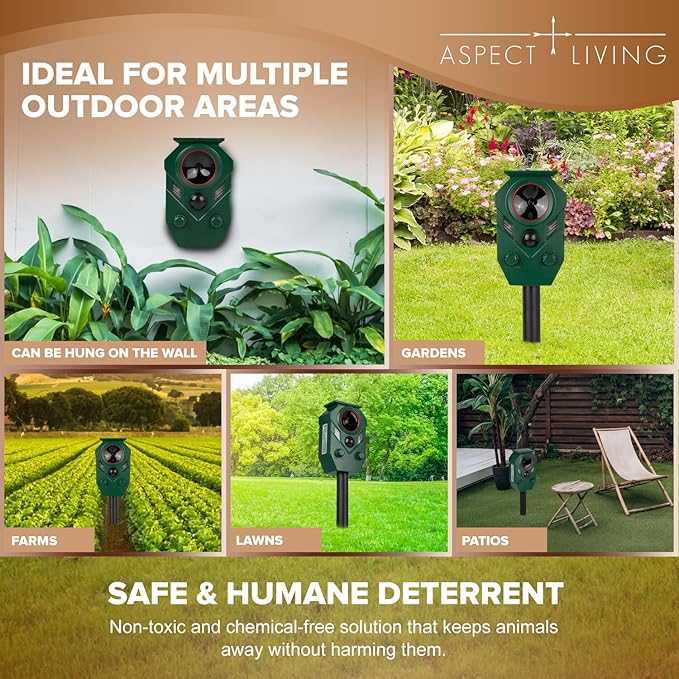 4 Pack Solar Ultrasonic Animal Repeller Outdoor – Motion Sensor Activated Deer Repellent with Flashing Lights & Sound, IP65 Waterproof, Deterrent for Cats, Dogs, Raccoons, Skunks, Birds