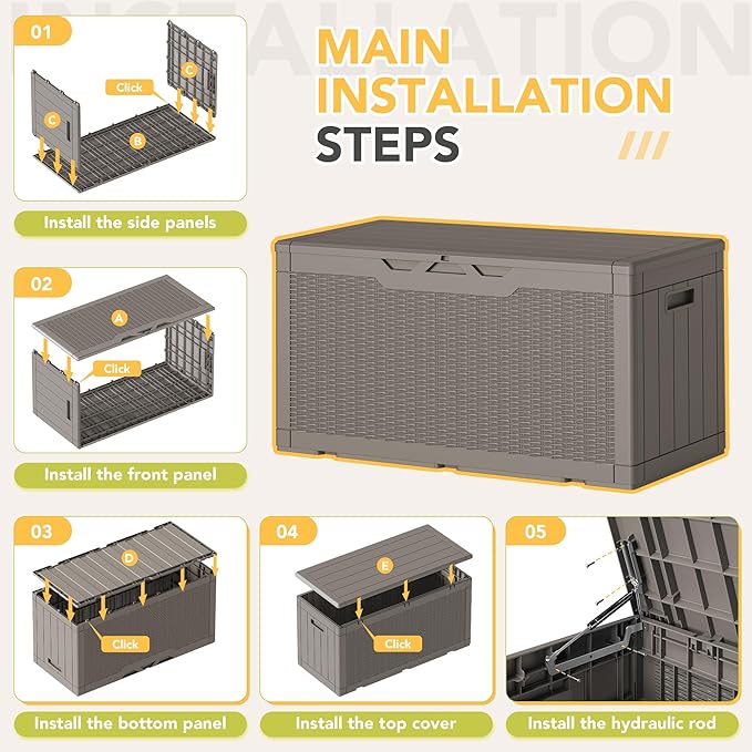 Greesum 100 Gallon Resin Deck Box Lockable Large Outdoor Storage Boxes for Garden Tools, Patio Furniture Cushions, Pool Supplies, Light Coffee