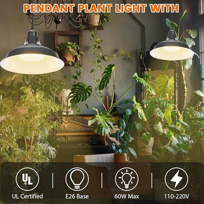 MYSWEETY Hanging Grow Light, Full Spectrum Hanging Plant Lights for Indoor, Vintage Decorative Grow Lights with 16.4FT Power Cord, Plug in Pendant Light with Adjustable Pulley for Plants, Flowers (2)
