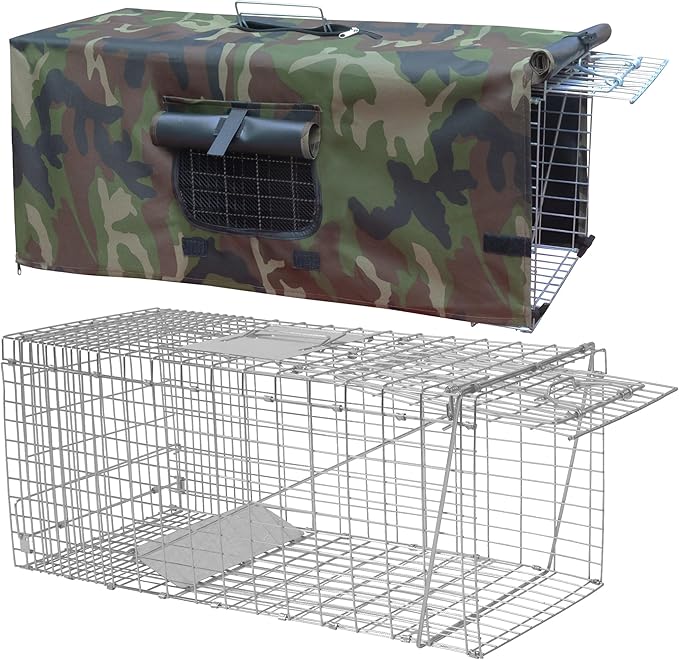 Live Feral Cat Trap Cage with Cover, Heavy Duty Folding Animal Traps Cage for Stray Cats, Large Humane Cat Trap for Raccoon, Squirrel, Skunk, Catch and Release