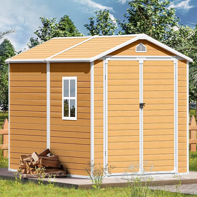 Plastic Sheds 8x6 Resin Outdoor Storage with Floor Included, Waterproof Lockable Garden Shed Tool Cabinet Brown