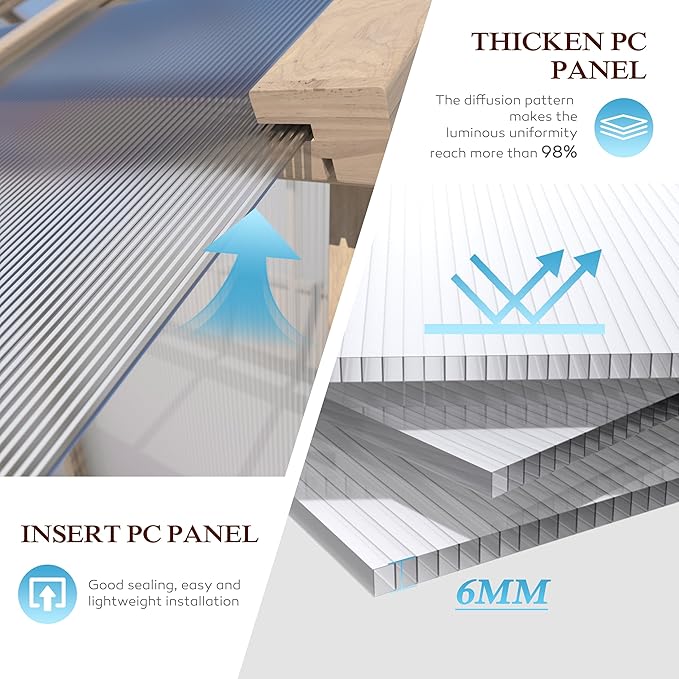 6x8 FT Greenhouse Kit for Outdoor, 6MM Thick Polycarbonate Panel Wooden Walk-in Green House with Lockable Door and Adjustable Roof Vent, Backyard Garden, Light Mocha Brown