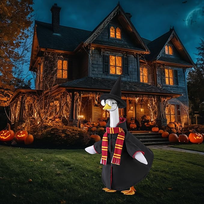 4 Pcs/Set Halloween Witch Goose Outfits, Lawn Porch Goose Statue Wizard Costume, Garden Goose Witches Clothes with Hat Scarf Glasses for 23" Statue Halloween Fall Christmas Outdoor Patio Yard Decor