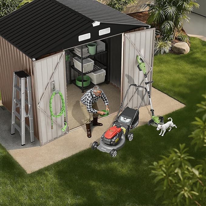 GVDV 8x6 FT Outdoor Metal Storage Shed, 7.3x5.3 FT Base Durable Garden Shed with Updated Frame Structure for Backyard, Patio, Tool Storage, All-Weather Shelter for Bike, Gardening Tools, No Floor