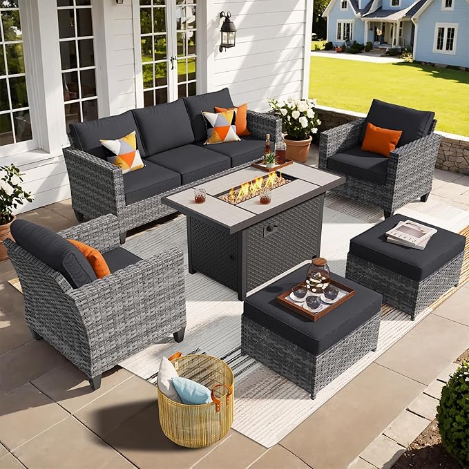 ovios Patio Furniture Set, 6 Pieces Outdoor Wicker Sofa Couch with Fire Pit Table, Ottomans and Comfy Cushions, All Weather High Back Rattan Conversation Set, Black